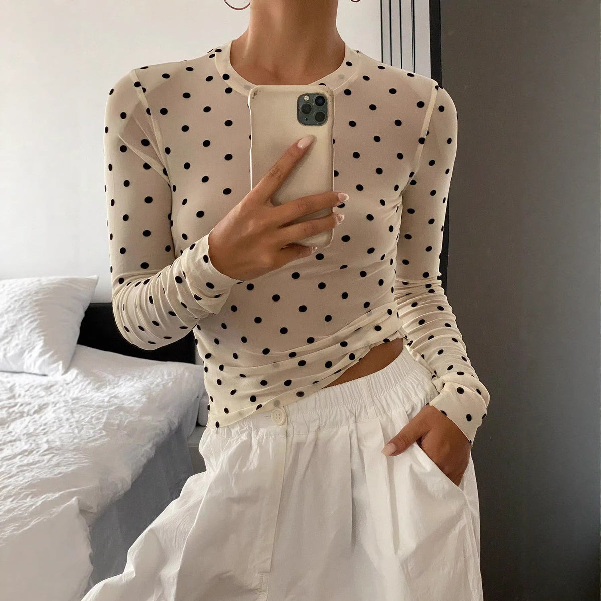 Polka Dot Round Neck Crop Top