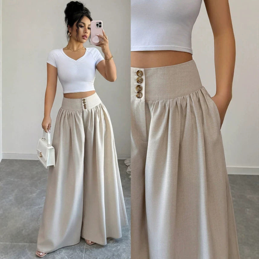 Pleated Button Wide Leg Trousers
