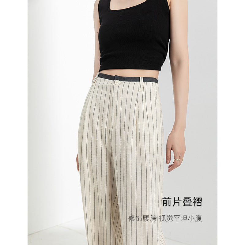 Linen summer thin high waist and thin drape women's small casual versatile striped narrow wide-leg pants