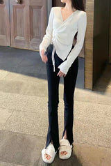 Drawstring Ruched V Neck Knit Top