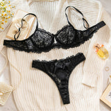 Black Heart Lace Sheer Bra and Brief Set