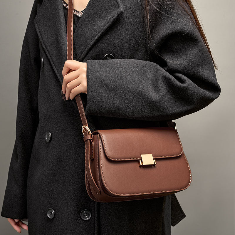 Lock Front Leather Shoulder Bag