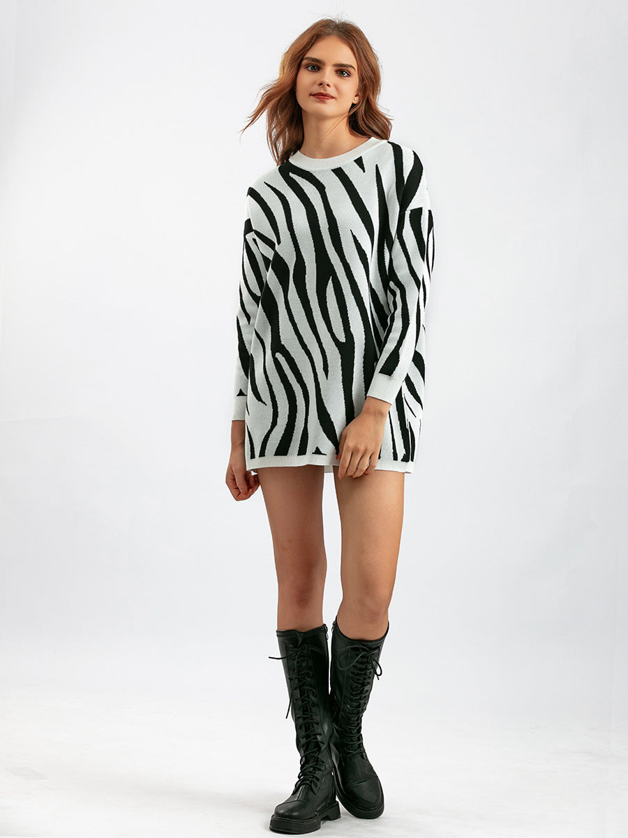 Zebra pattern fashion knitted pullover sweater