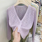 Knitted air-conditioning shirt, sunscreen shirt, women's bamboo knuckle hemp cardigan, long-sleeved spring and summer thin outer with short V-neck shawl top