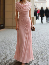 Draped Neck Pleated Midi Dress