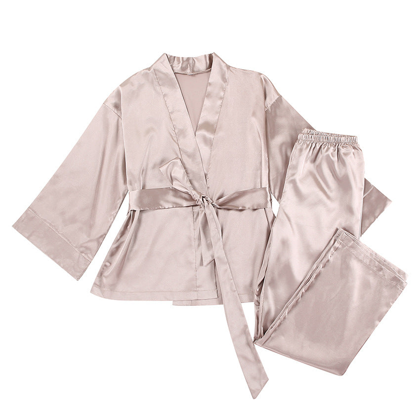 Satin Silk Cardigan Lace - up Nightgown Solid Color - Negative Apparel