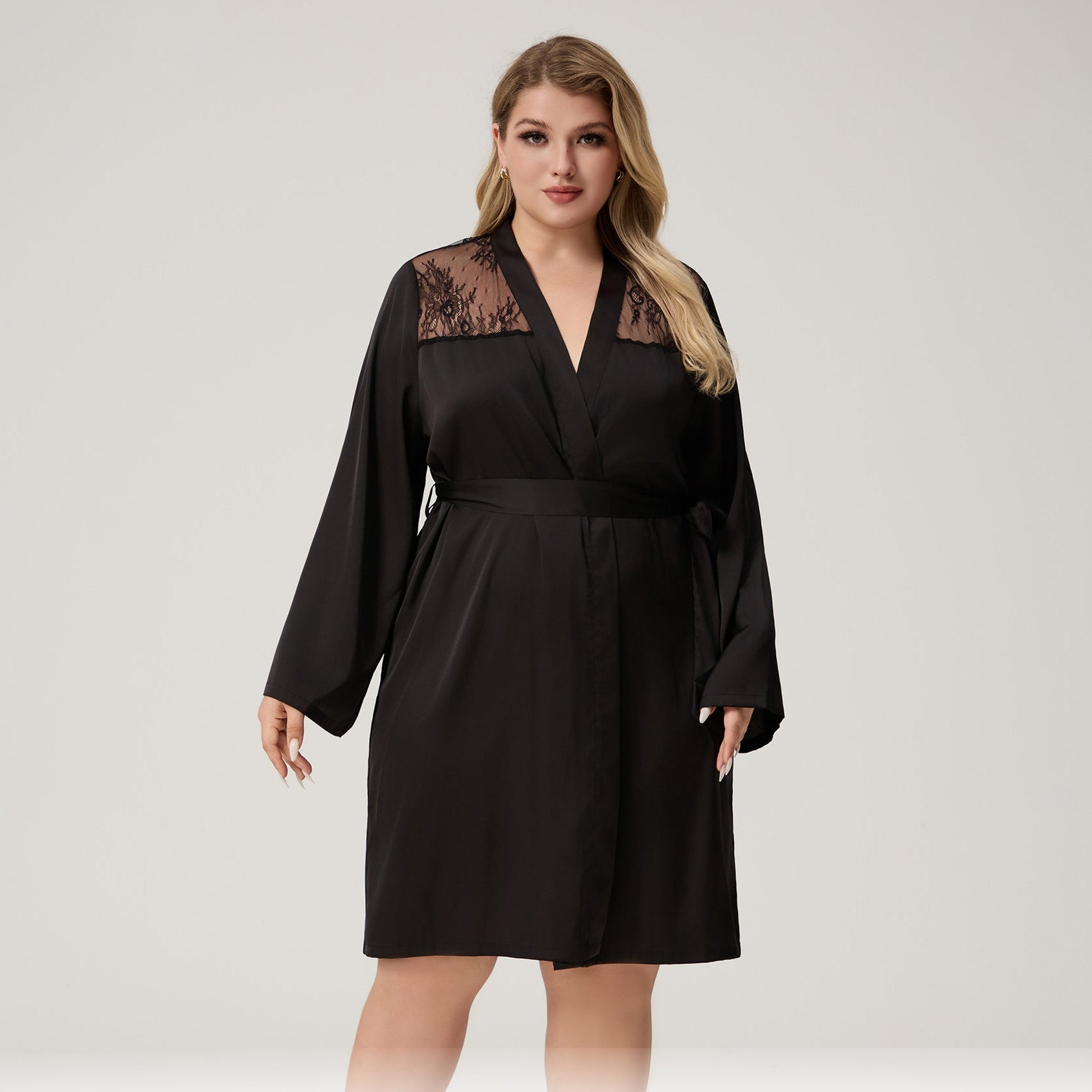 The Lace Seduction | Solid Black Satin Lace Short Robe – Negative Apparel