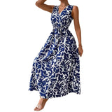 French holiday style printed V-neck lace-up super long dress