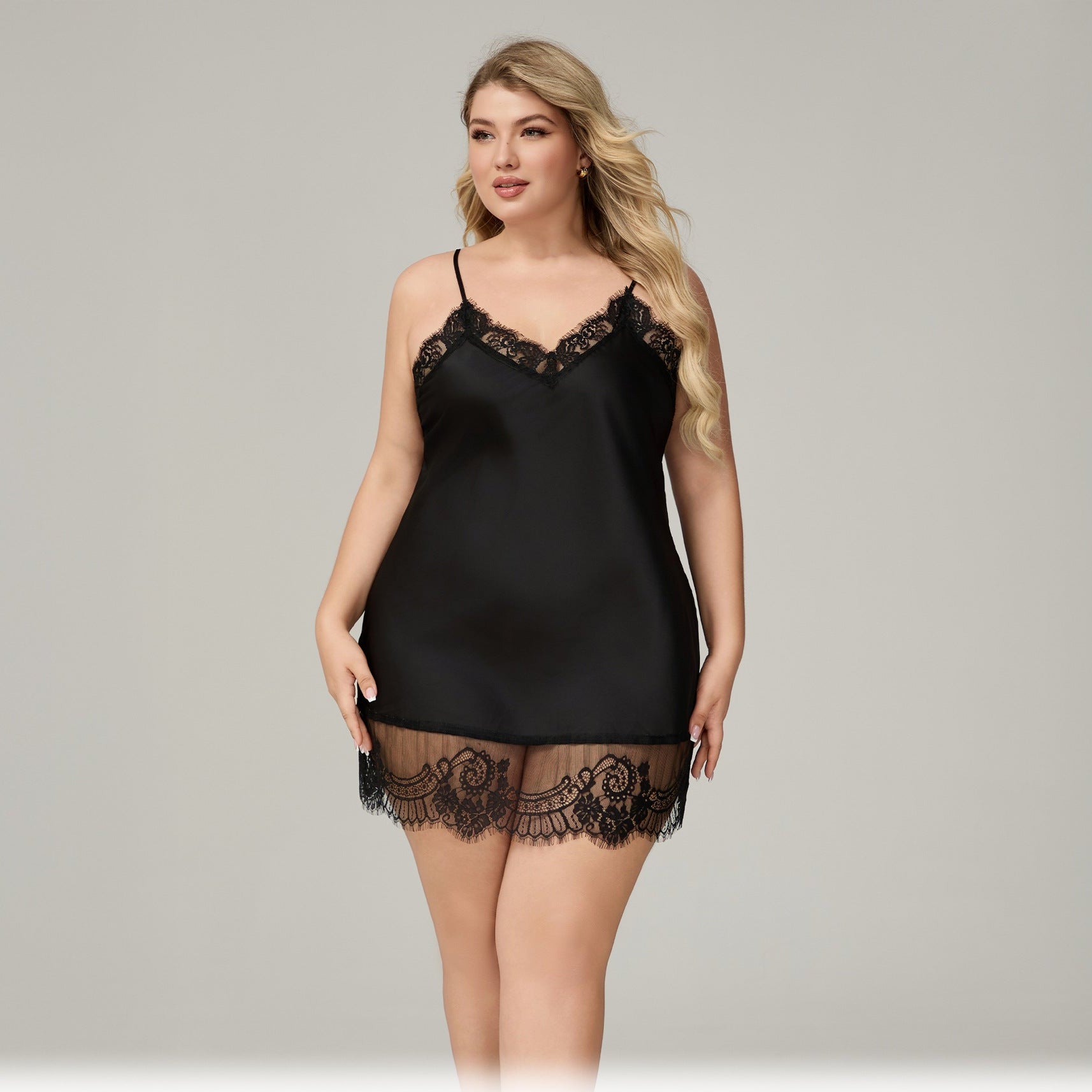 The Lace Seduction | Black Lace Satin Strap Mini Sleep Dress