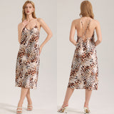 The Wild Temptation | Leopard Print V-Neck Backless Satin Maxi Slip Sleep Dress