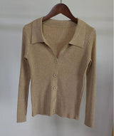 Ribbed Lapel Collar Button Knit Top