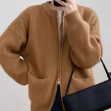Casual Cashmere Blend Zipper Cardigan – Korean Loose Fit Pocket Sweater for Women FD