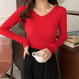 Autumn and winter V-neck knitted long-sleeved slim-fitting tight-fitting warm bottoming shirt top trendy pullover thin sweater women's wholesale