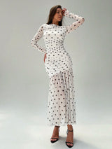 Pleated Mesh Long Sleeve Maxi Dress