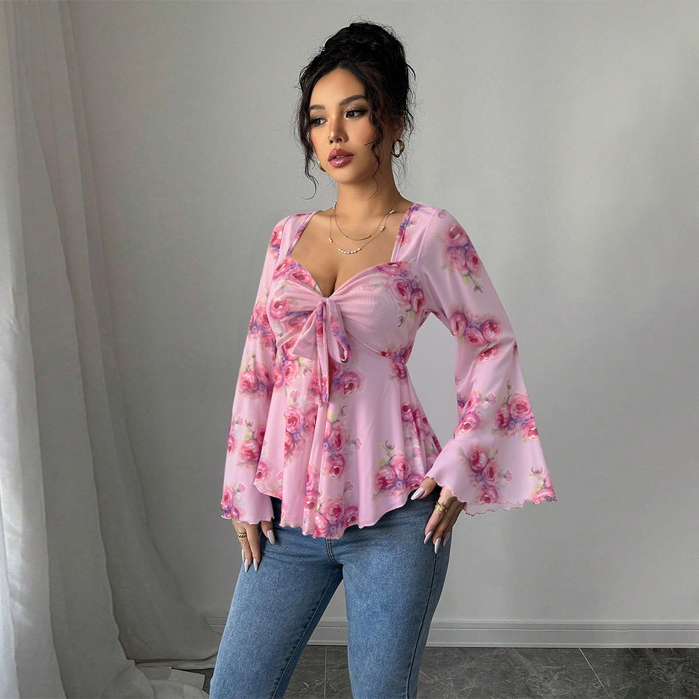 Floral Bow Flare Sleeve Crop Top