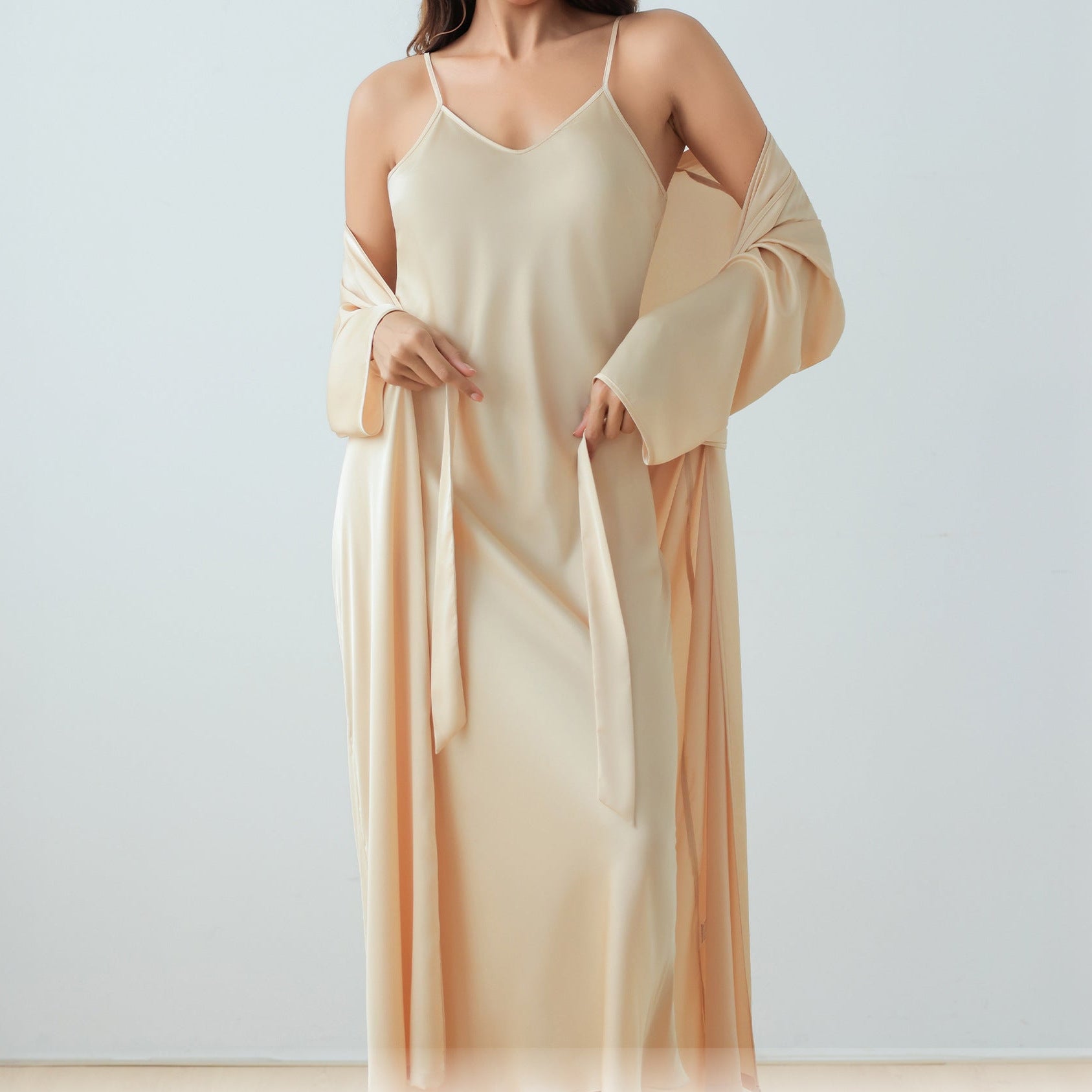 The Satin Elegance | Solid Color Long-Sleeve Slip Dress & Robe Two-Piece Set