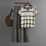 Striped Polo Collar Top and Wide Leg Set