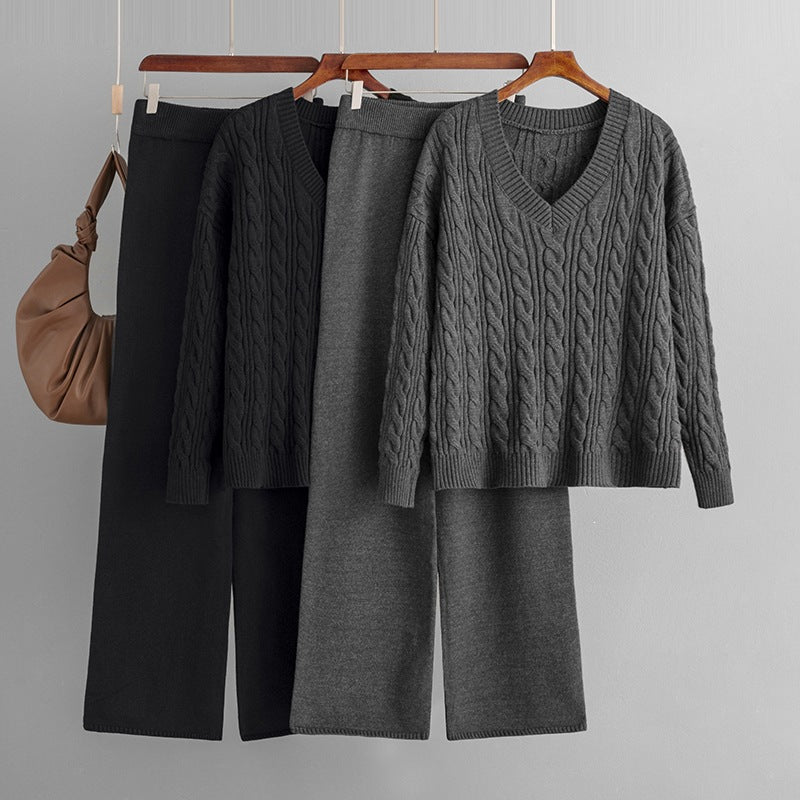 Cable Knit V Neck and Wide Leg Set