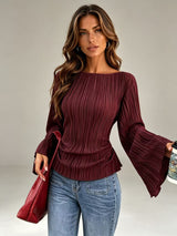 Tie Waist Pleated Flare Sleeve Top