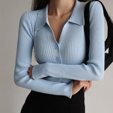 Ribbed Lapel Collar Button Knit Top