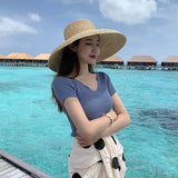 Short-sleeved t-shirt women's 2023 spring and summer new women's clothing half-sleeved slim-fitting V-neck knitted bottoming shirt short top