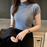 Thin Rib Mock Neck Short Sleeve Knit