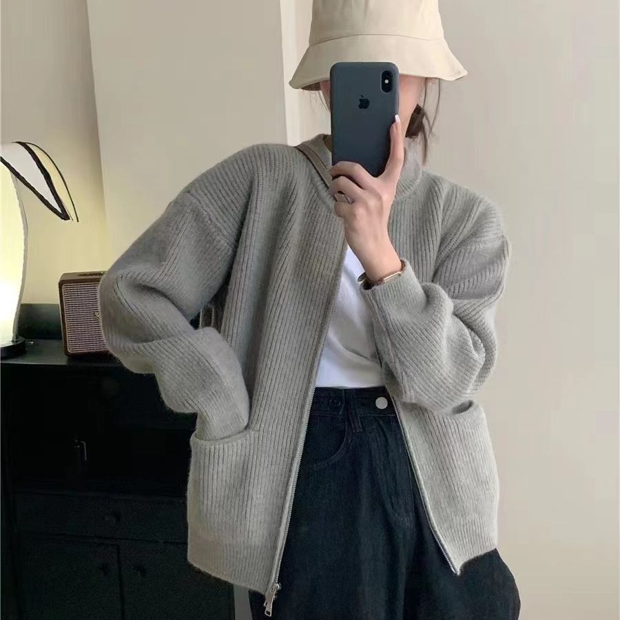 Casual Cashmere Blend Zipper Cardigan – Korean Loose Fit Pocket Sweater for Women