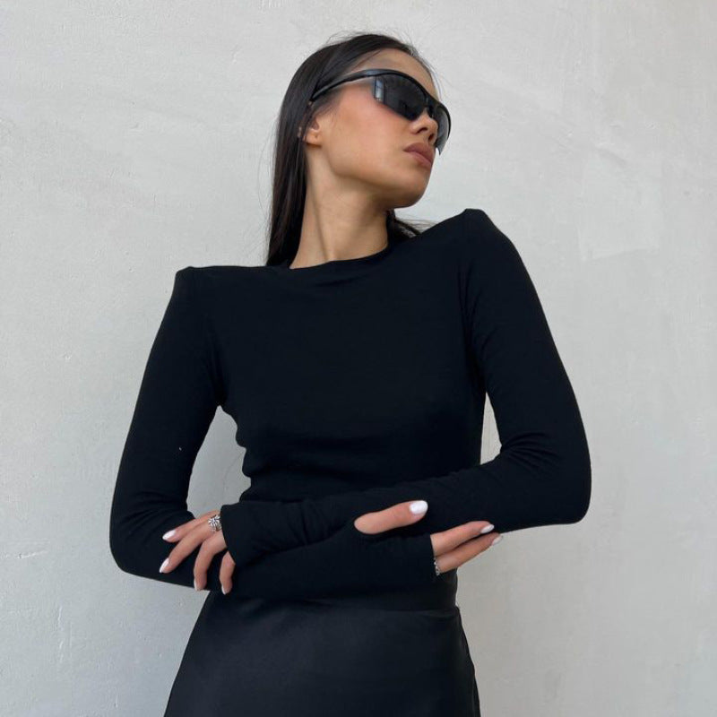 Shoulder pads women's casual long-sleeved t-shirt