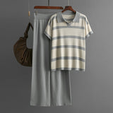 Striped Polo Collar Top and Wide Leg Set