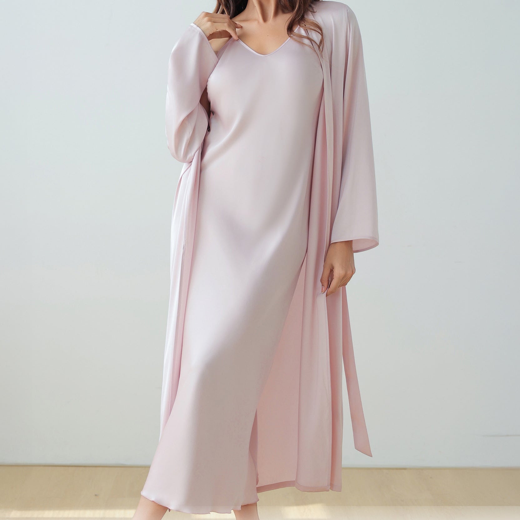 The Satin Elegance | Solid Color Long-Sleeve Slip Dress & Robe Two-Piece Set