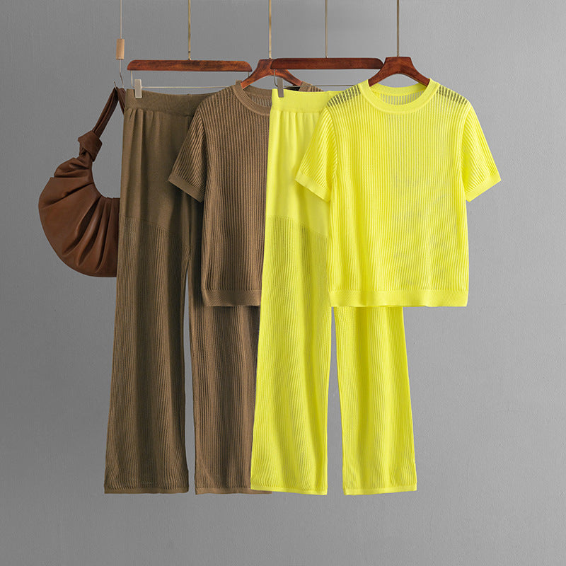 Summer casual fashion versatile round neck solid color short-sleeved loose knitted hollow wide-leg pants two-piece set
