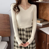 Autumn and winter V-neck knitted long-sleeved slim-fitting tight-fitting warm bottoming shirt top trendy pullover thin sweater women's wholesale