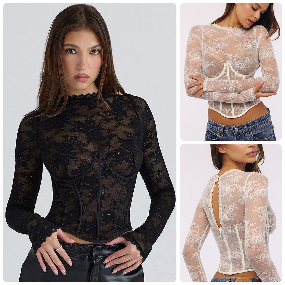Embroidered Mesh Lace Crop Top