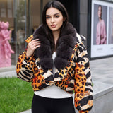 Animal Print Faux Fur Collar Padded Jacket
