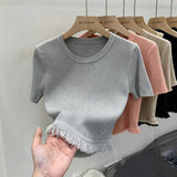 Tassel Hem Cool Knit Short Sleeve Top