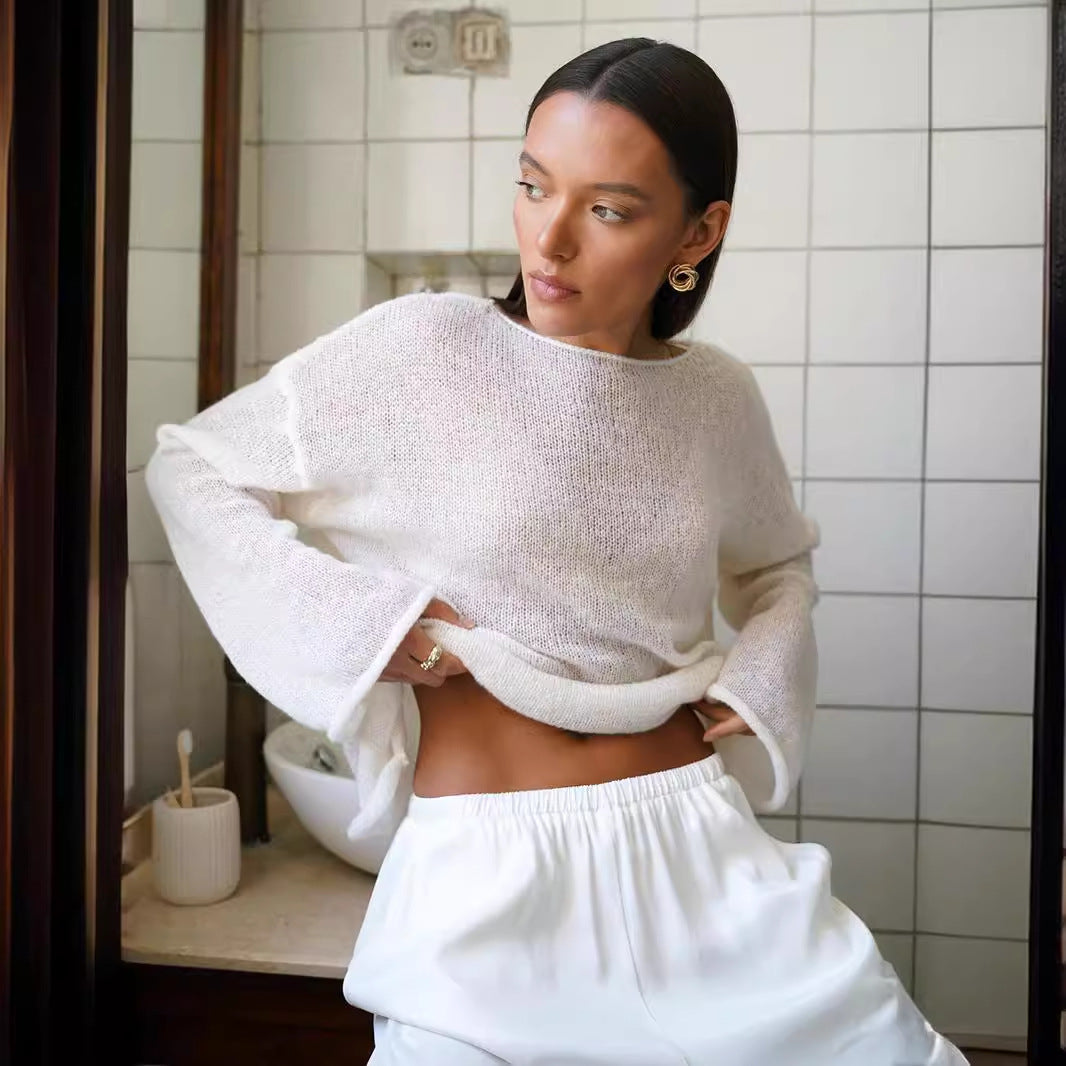 Hollow Charm | Horn Sleeve Hollow-Out Knitted Pullover Top