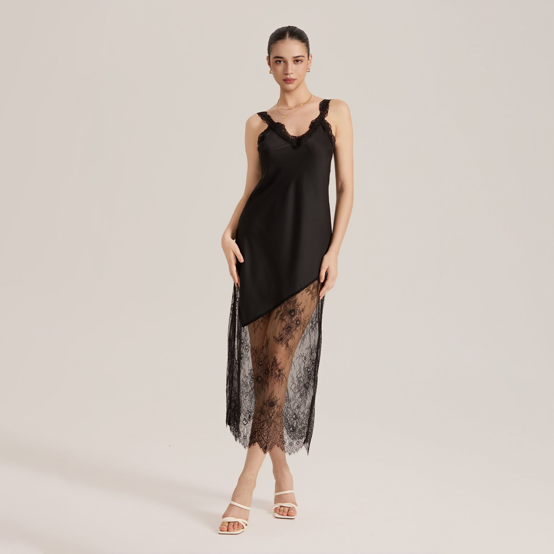 The Sheer Seduction | Black Lace Patchwork Asymmetrical Hem Satin Maxi Slip Sleep Dress