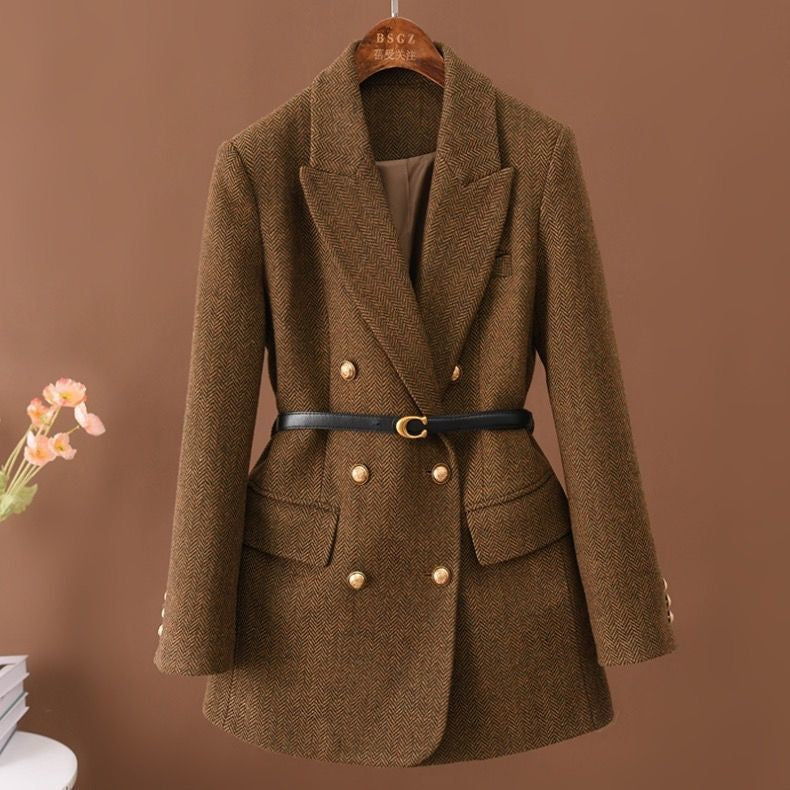 Women’s Double-Breasted Blazer with Free Belt – Slim Fit Long Small Suit | Elegant POLO Collar Commuter Style