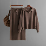 Polo Collar Knit Top and Midi Skirt Set