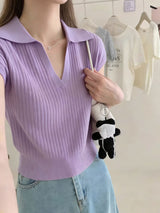 Knitted Polo Collar Short Sleeve Top