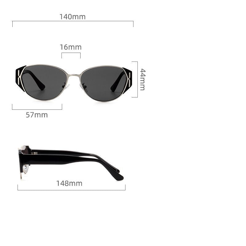 Sunglasses with overlaid dimension labels showing width, height, and arm length measurements, plus Chinese product details text on a white background.