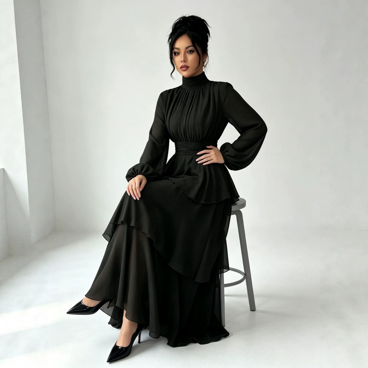 Ruffle Tier Long Sleeve Maxi Dress