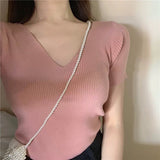 Short-sleeved t-shirt women's 2023 spring and summer new women's clothing half-sleeved slim-fitting V-neck knitted bottoming shirt short top