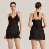 The Halter Seduction | Solid Color Lace Halter Tie-Strap Mini Satin Sleep Dress