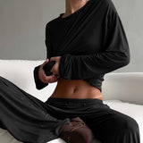 The Modal Comfort | Solid Color Round-Neck Long-Sleeve Top & Pants Pajama Set
