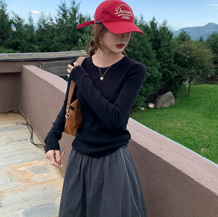 Andy velvet new high-end crew neck knitted sweater women's inner bottoming shirt slim and thin long-sleeved top sweater trend