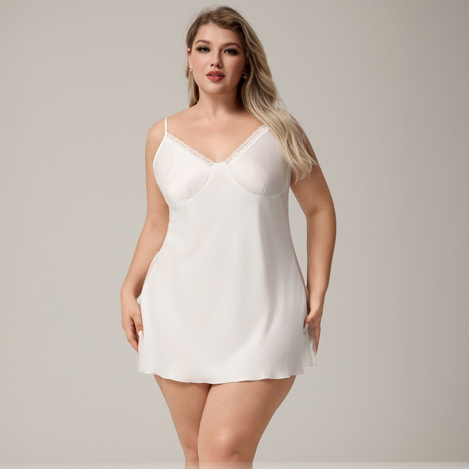 The Ice Silk Seduction | White Lace Strap Mini Sleep Dress