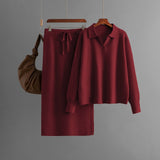 Polo Collar Knit Top and Midi Skirt Set