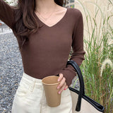 Autumn and winter V-neck knitted long-sleeved slim-fitting tight-fitting warm bottoming shirt top trendy pullover thin sweater women's wholesale