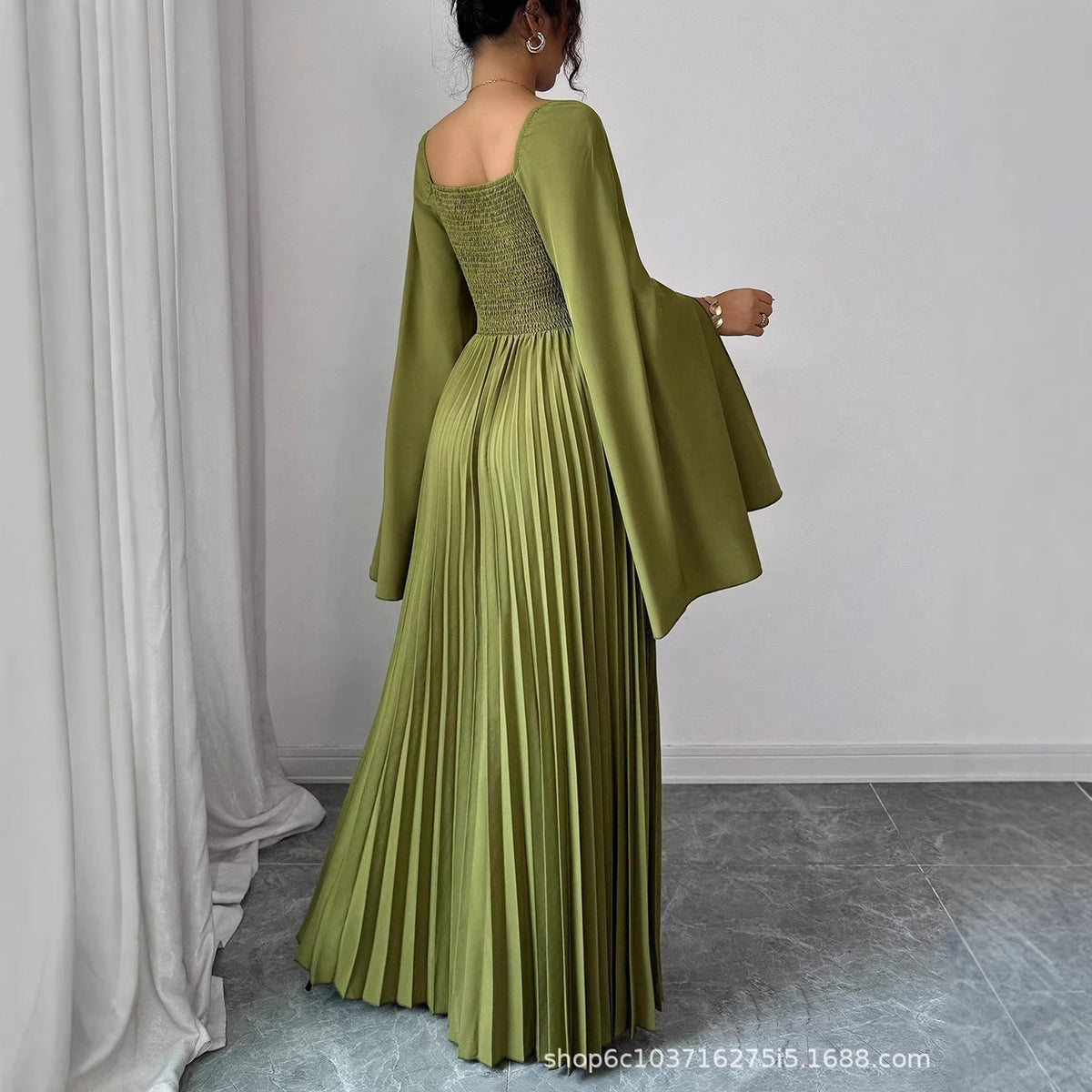Pleated Lantern Sleeve Maxi Dress